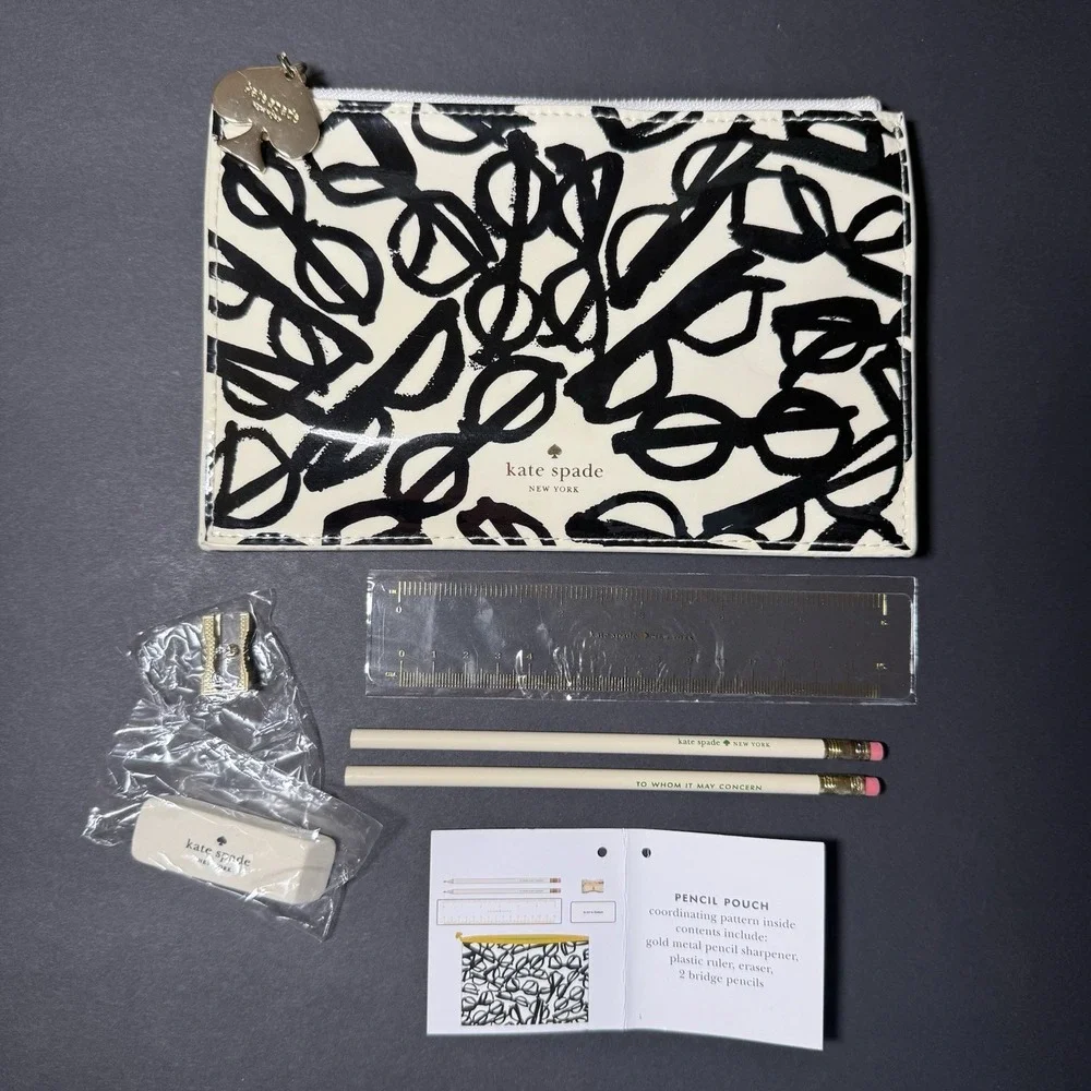NWT Kate Spade NY Pencil Pouch Scribble Print Stationery Set Pen Case COMPLETE